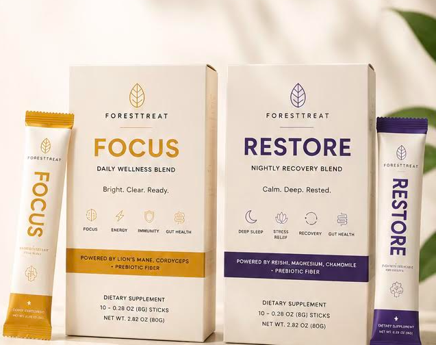Foresttreat FOCUS and RESTORE drink mix sticks and boxes
